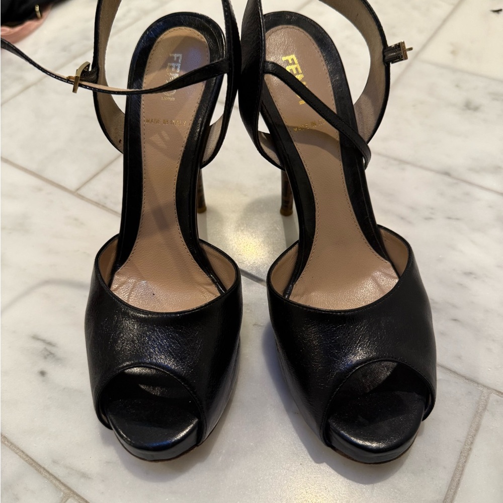 Fendi Black Patent Leather Slingback Heels